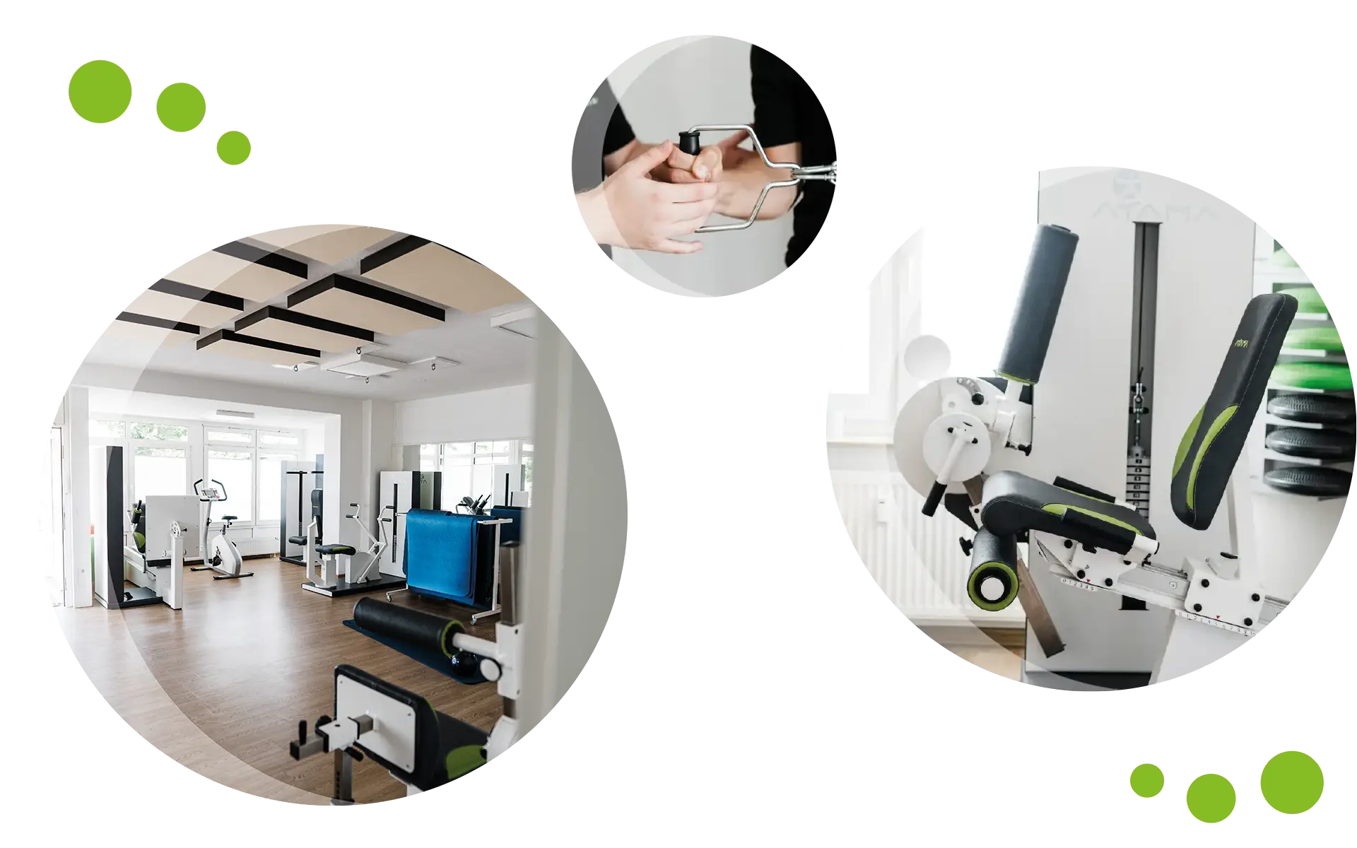 Collage mit verschiedenen Fotos aus dem Kursraum und dem Kursangebot: Trainigsgeräte und Detailfotos von Händen an der Zugstange