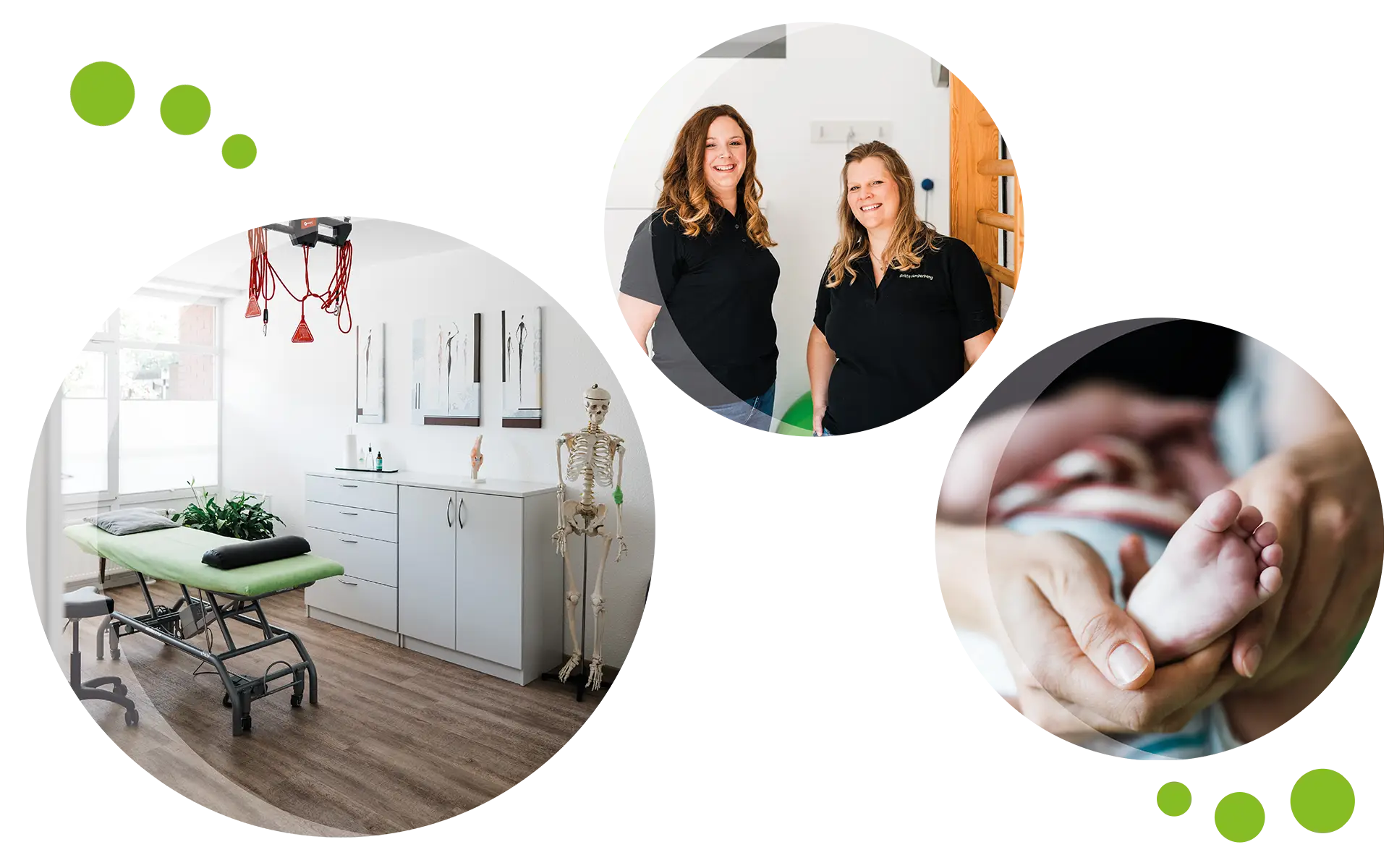 Physioteam Dewald Hungerberg Collage aus der Physiopraxis in Ladbergen. Drei Fotos: ein Kursraum, Behandlung eines Babyfußes und ein Foto der Praxis-Inhaberinnen Britta Hungerberg und Friederike Dewald